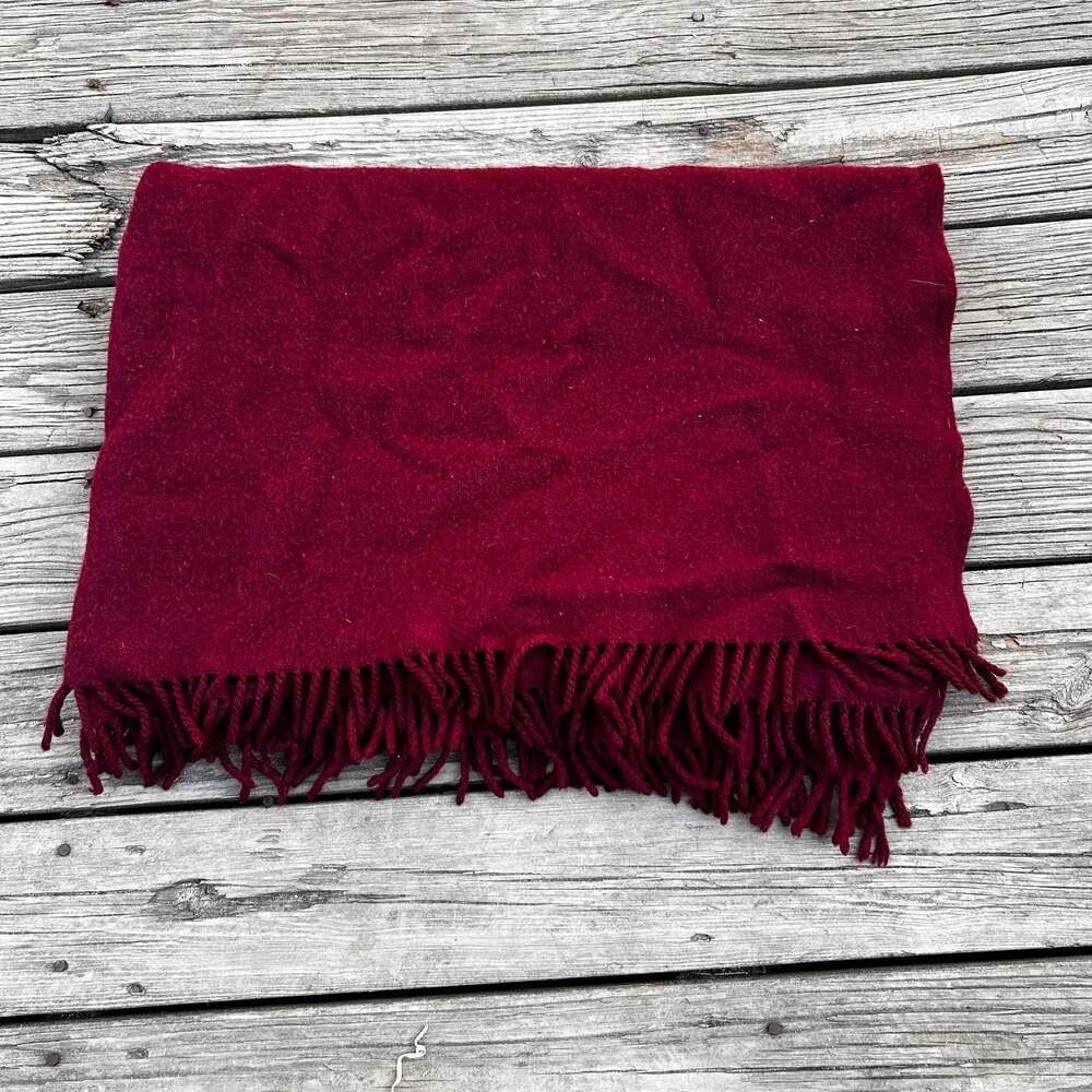 Woolmark Pure New Wool Burgundy Fringe Throw Blanket Made in Italy